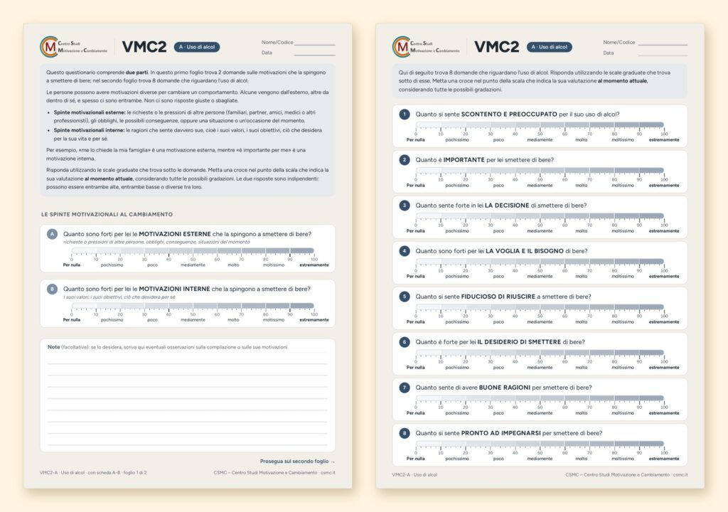Anteprima dei due fogli del modulo VMC2-A (uso di alcol) nella nuova veste grafica